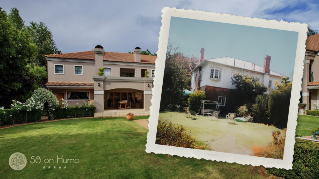 Historic and modern view of 58 on Hume boutique guesthouse in Johannesburg showing transformation from family home