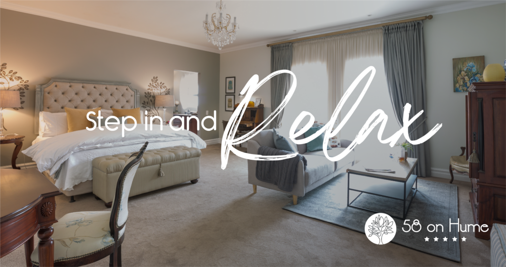 Luxury guesthouse bedroom with soft furnishings and warm lighting at 58 on Hume Johannesburg